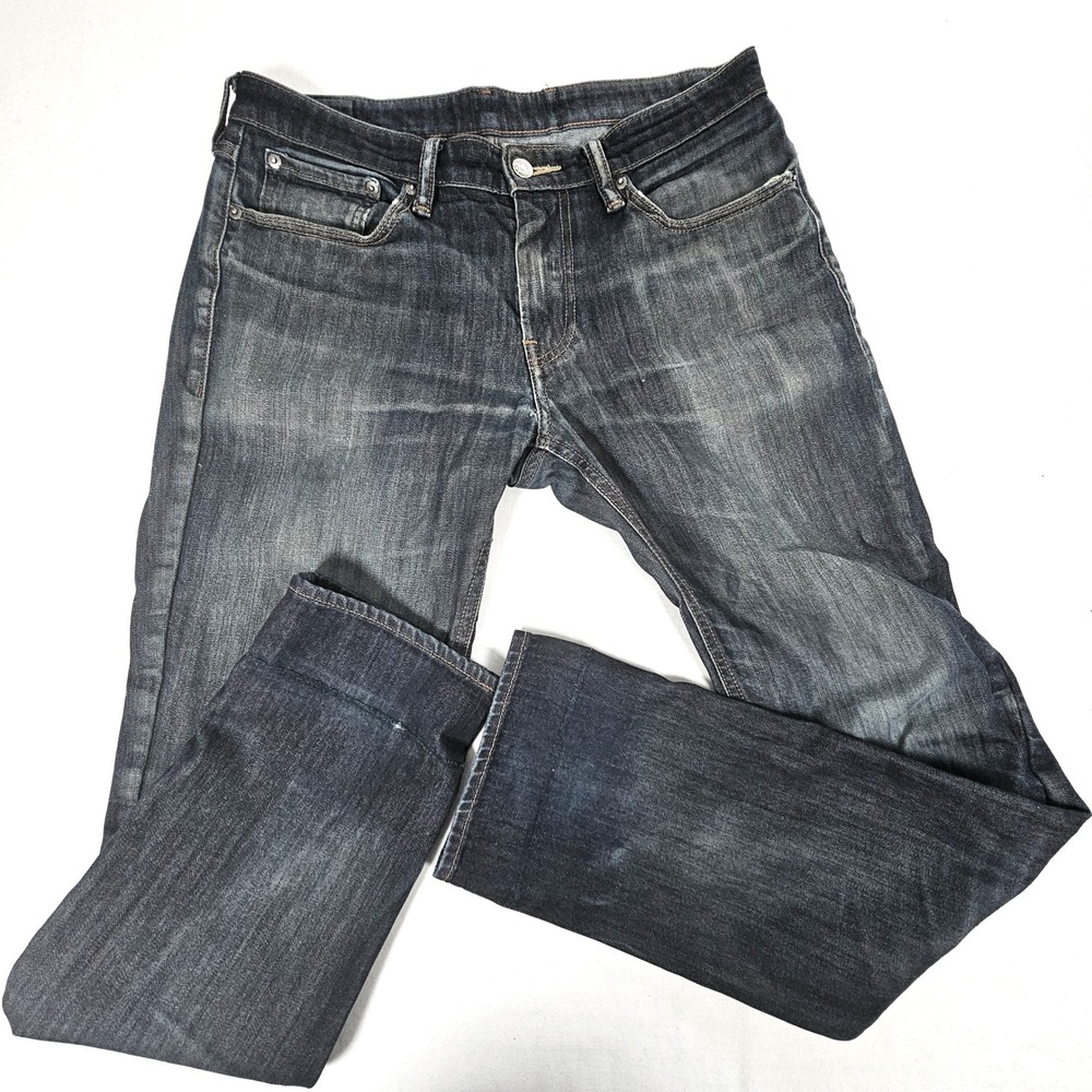 Levis 511 Slim Fit Dark Wash Distressed Denim Jeans Mens 32x34 Hemmed to 30.5